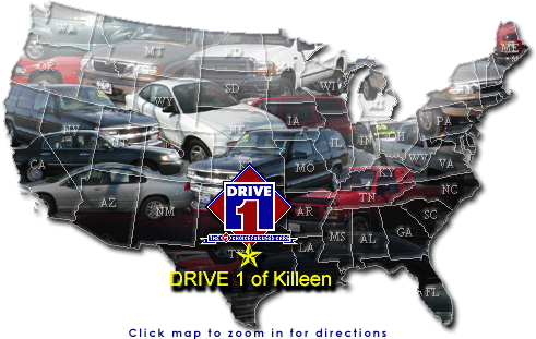 US Map showing Drive 1 of Killeen, offering financing approval - no credit, bad credit - for used cars in central Texas